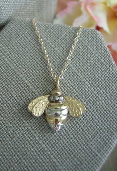 14k yellow and white gold bee and diamond necklace