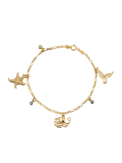 Gold charm bracelet with blue water drop natural zircons